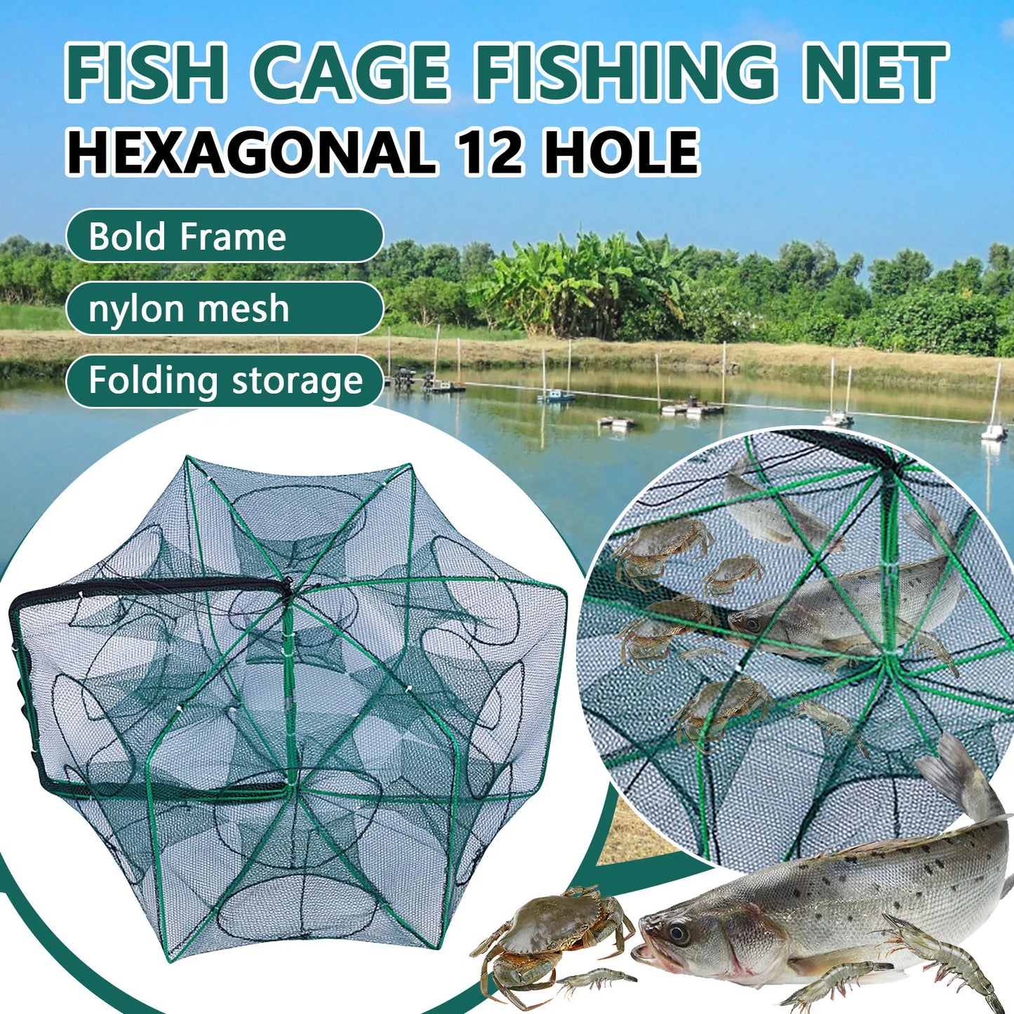 Compact Foldable Lobster Cage Fishing Trap Nylon Net Kit