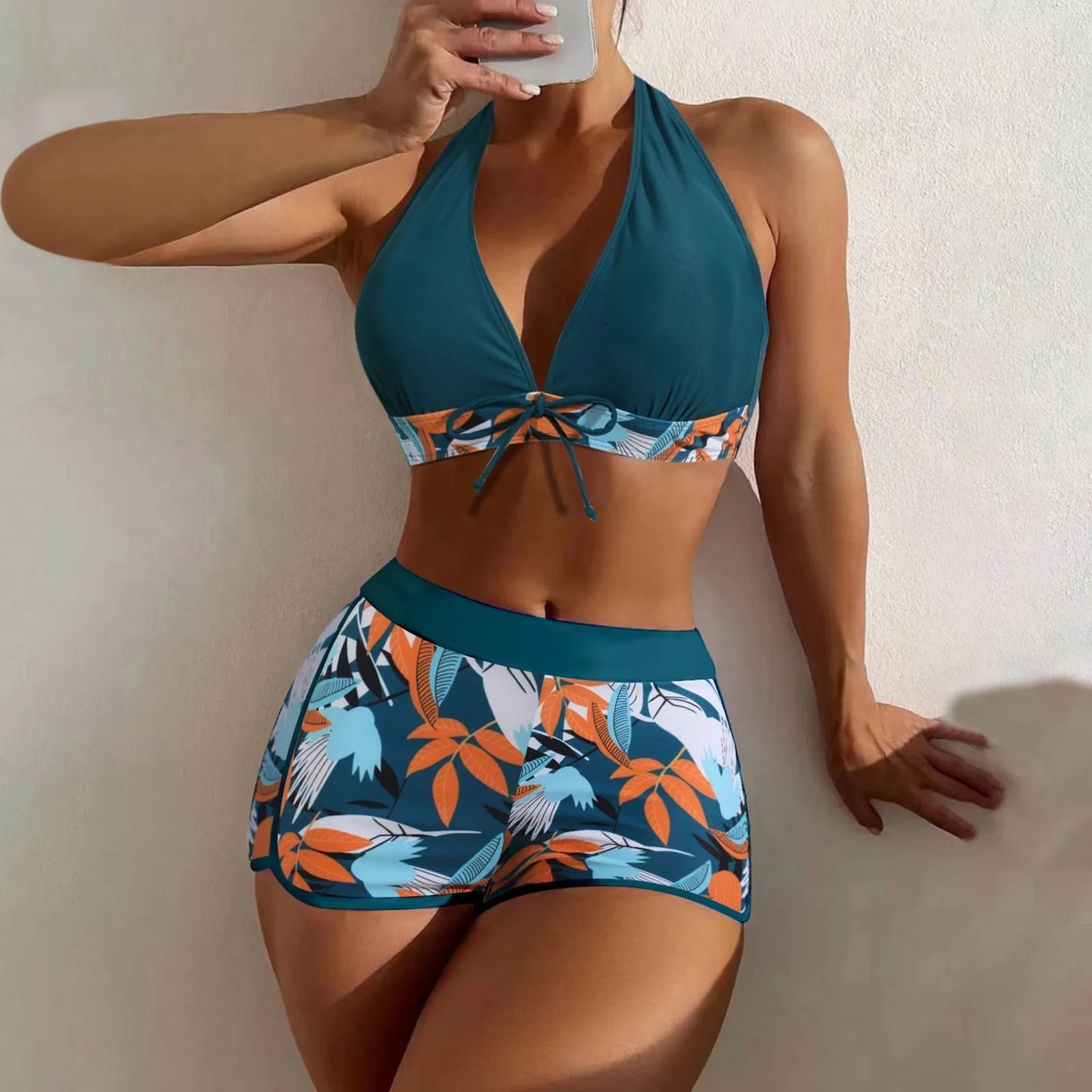 High Waist Plant Print Bikini Set Women Two Piece Swimsuit