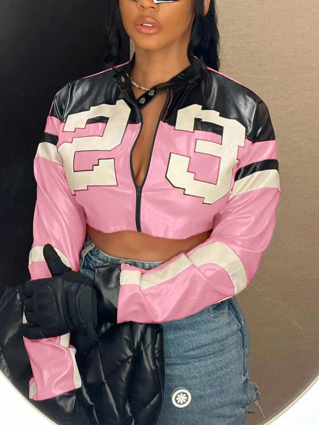 Womens Faux Leather Zip Bomber Jacket Retro Moto Style