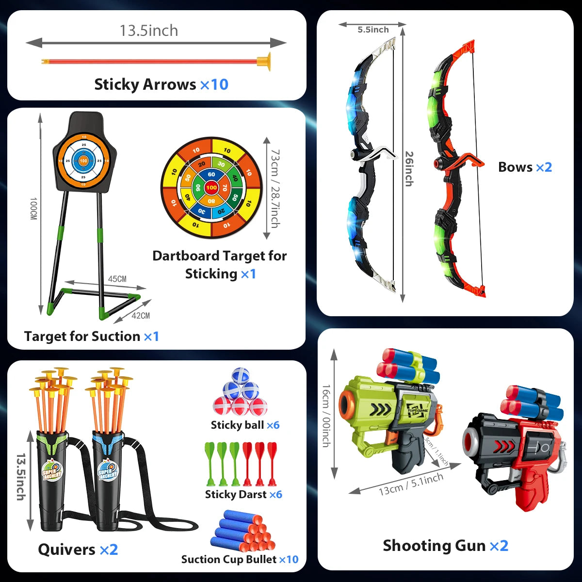 VATOS 2X Bow Arrow And Guns Toy LED Light Up Archery Set