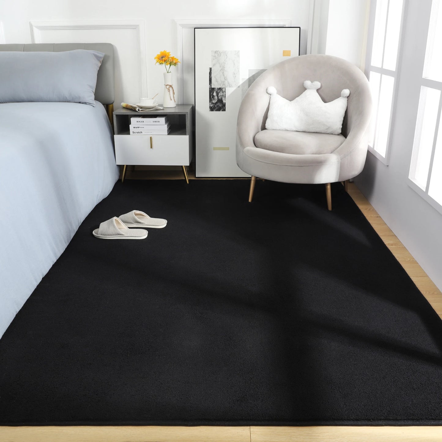 Black Nonslip Living Room Rug Bedside Large Soft Floor Mat