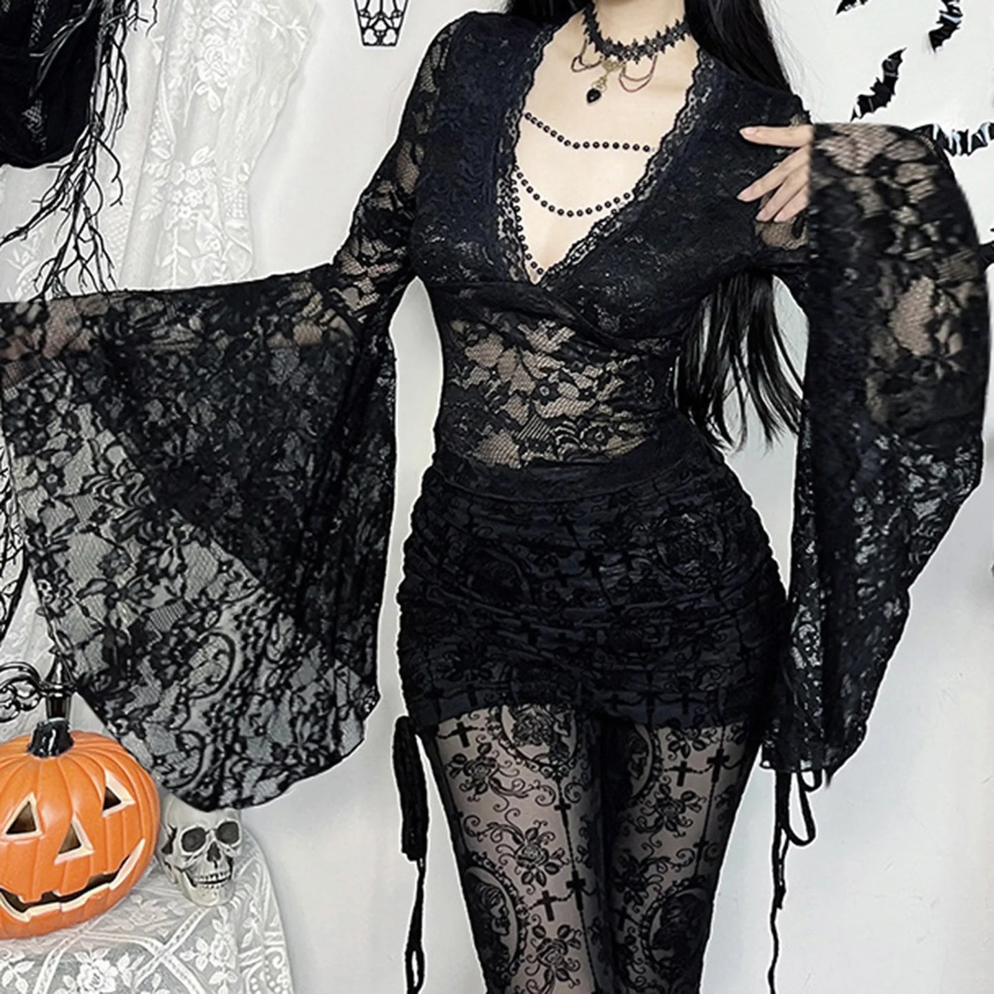 XBTCLXEBCOCN Gothic Lace Off Shoulder Top Deep V Neck