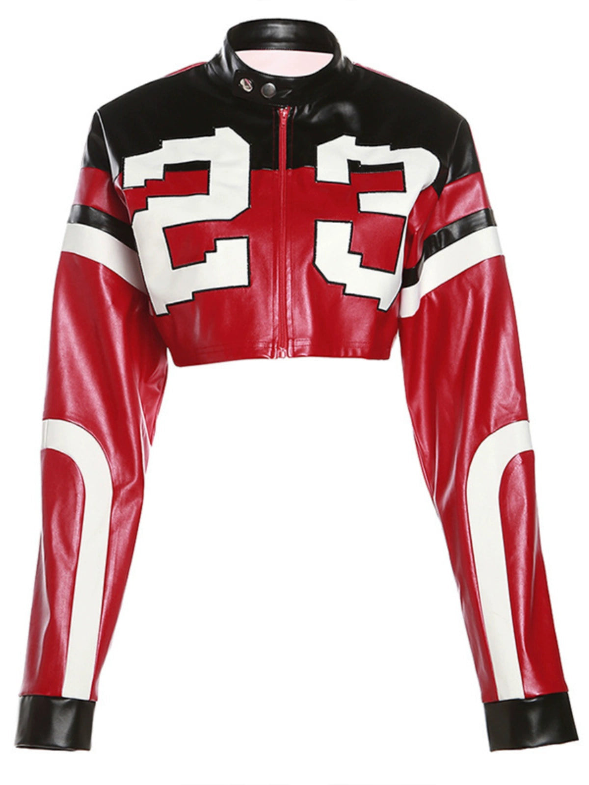 Stand Collar Contrast Faux Leather Womens Sport Jacket