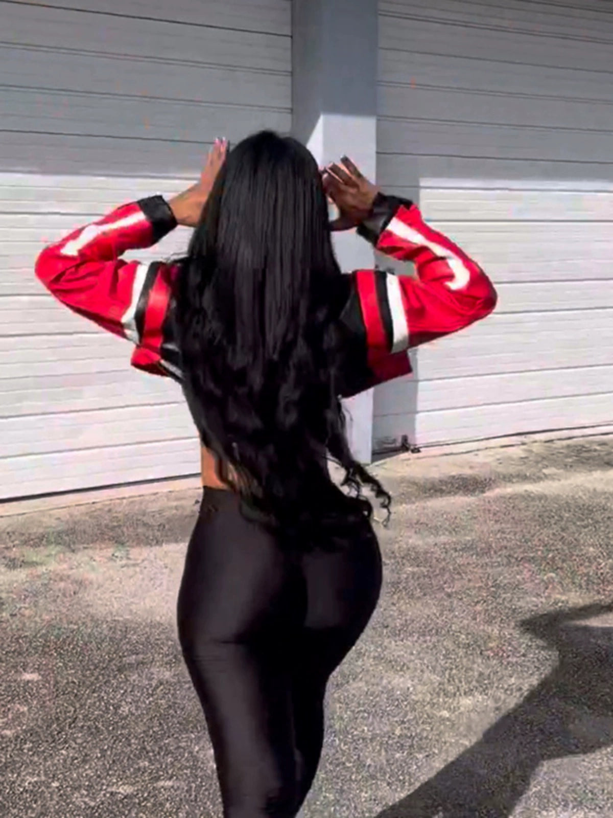 Stand Collar Contrast Faux Leather Womens Sport Jacket