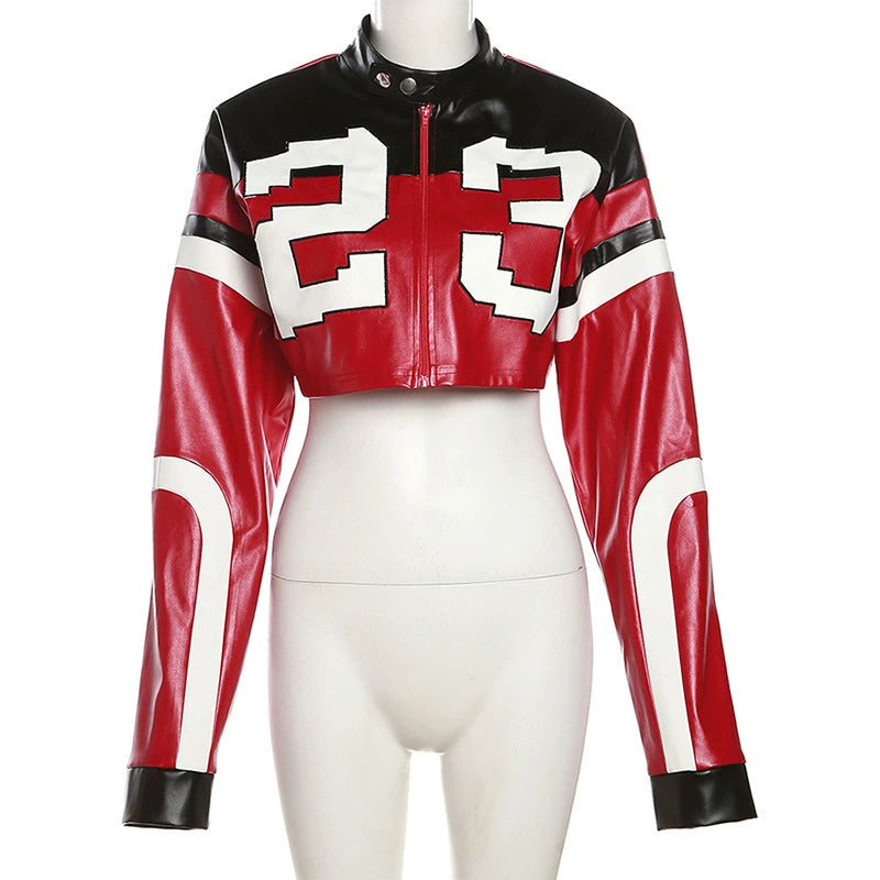 Stand Collar Contrast Faux Leather Womens Sport Jacket
