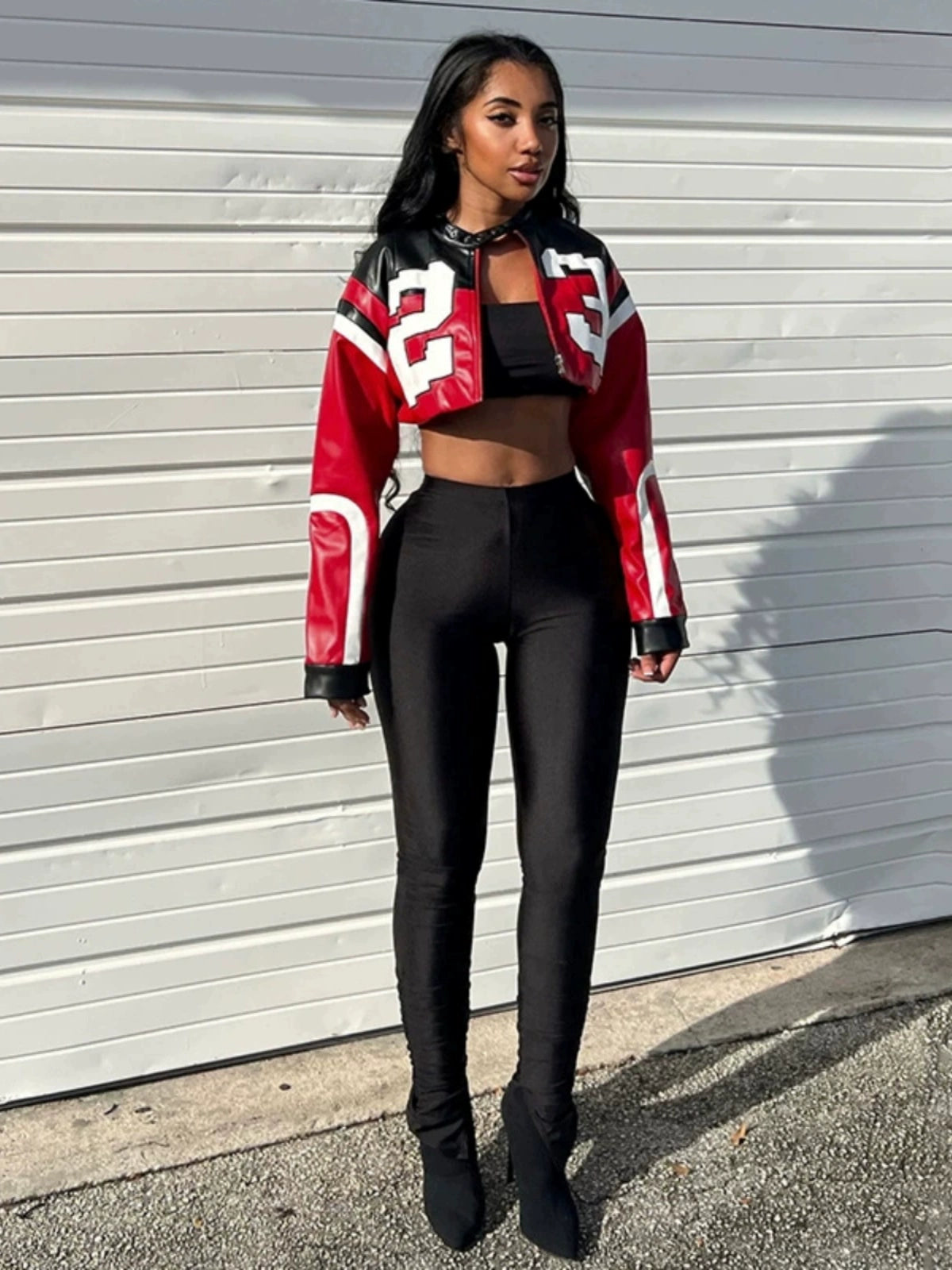 Stand Collar Contrast Faux Leather Womens Sport Jacket