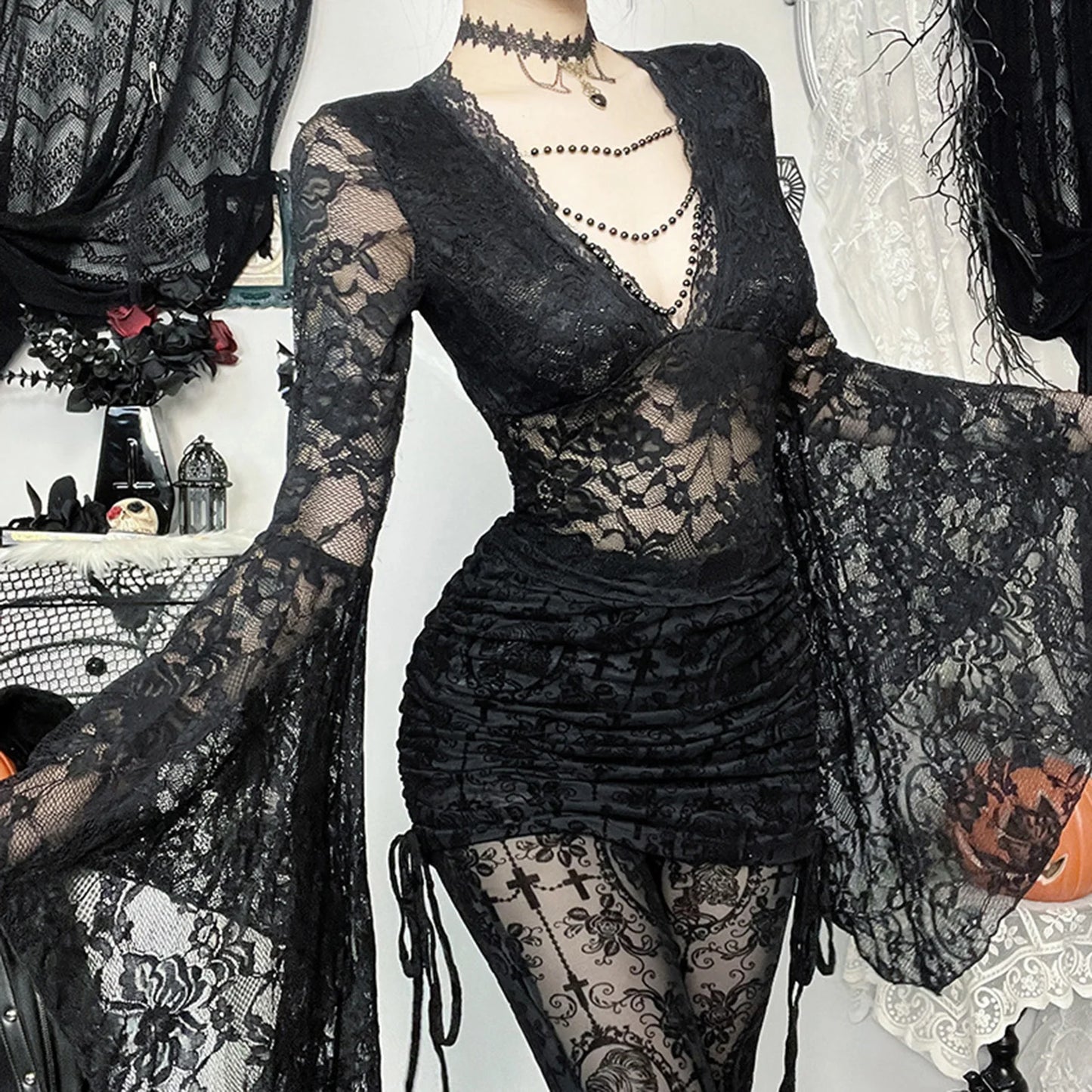 XBTCLXEBCOCN Gothic Lace Off Shoulder Top Deep V Neck