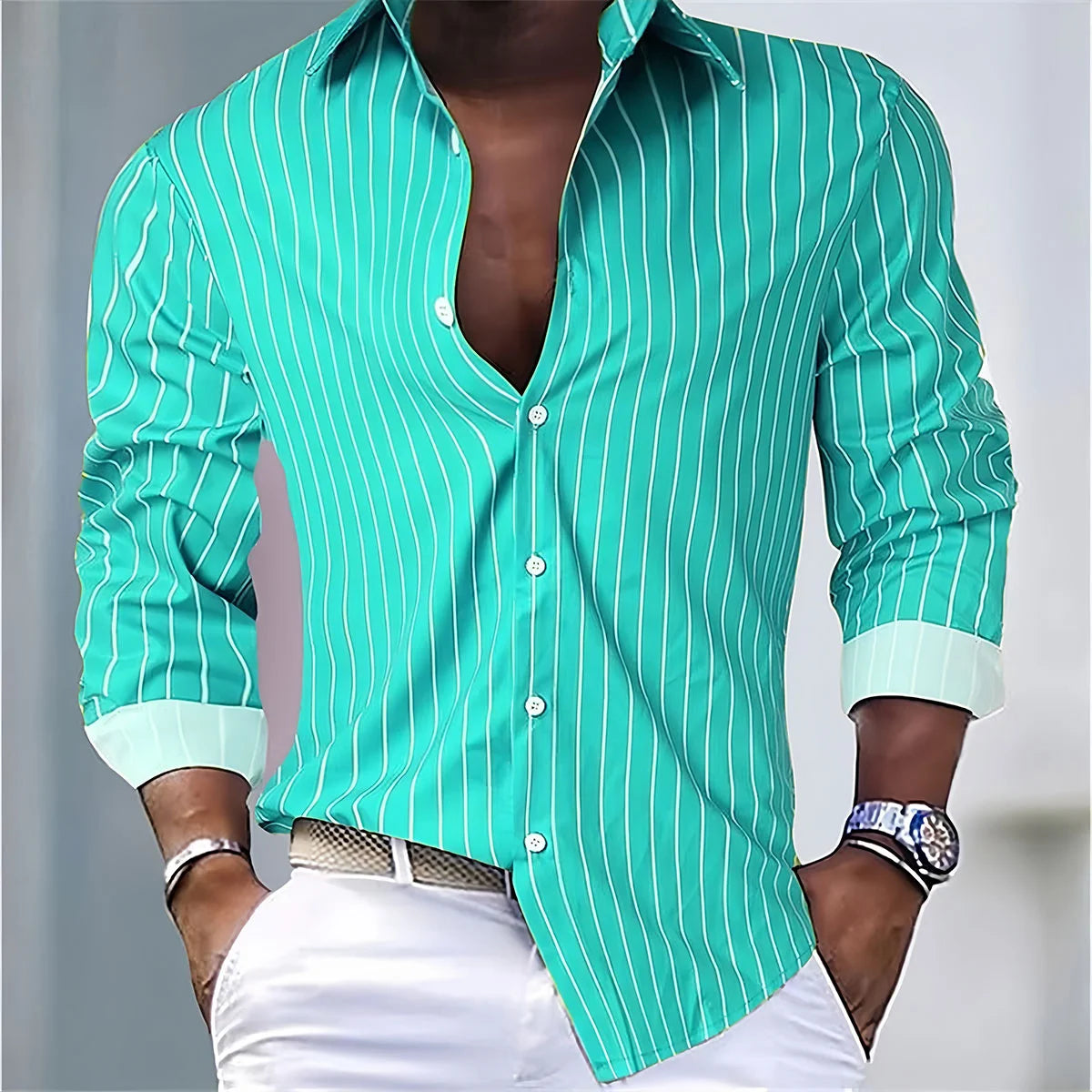 Mens Striped Casual Shirt Polyester Spandex Long Sleeve