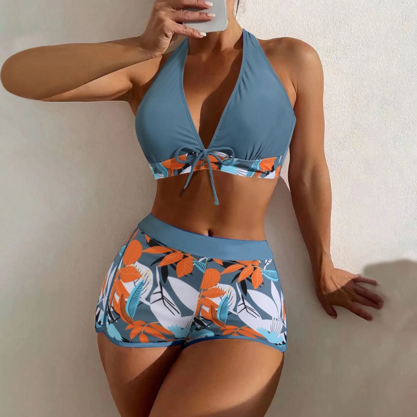 High Waist Plant Print Bikini Set Women Two Piece Swimsuit