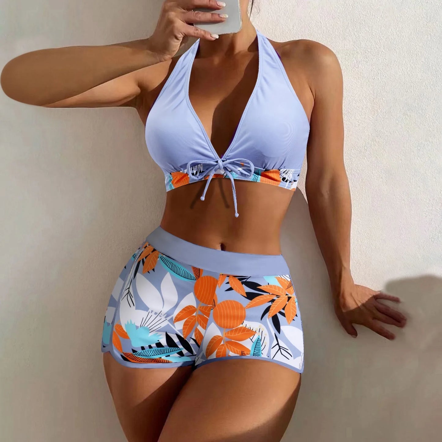 High Waist Plant Print Bikini Set Women Two Piece Swimsuit