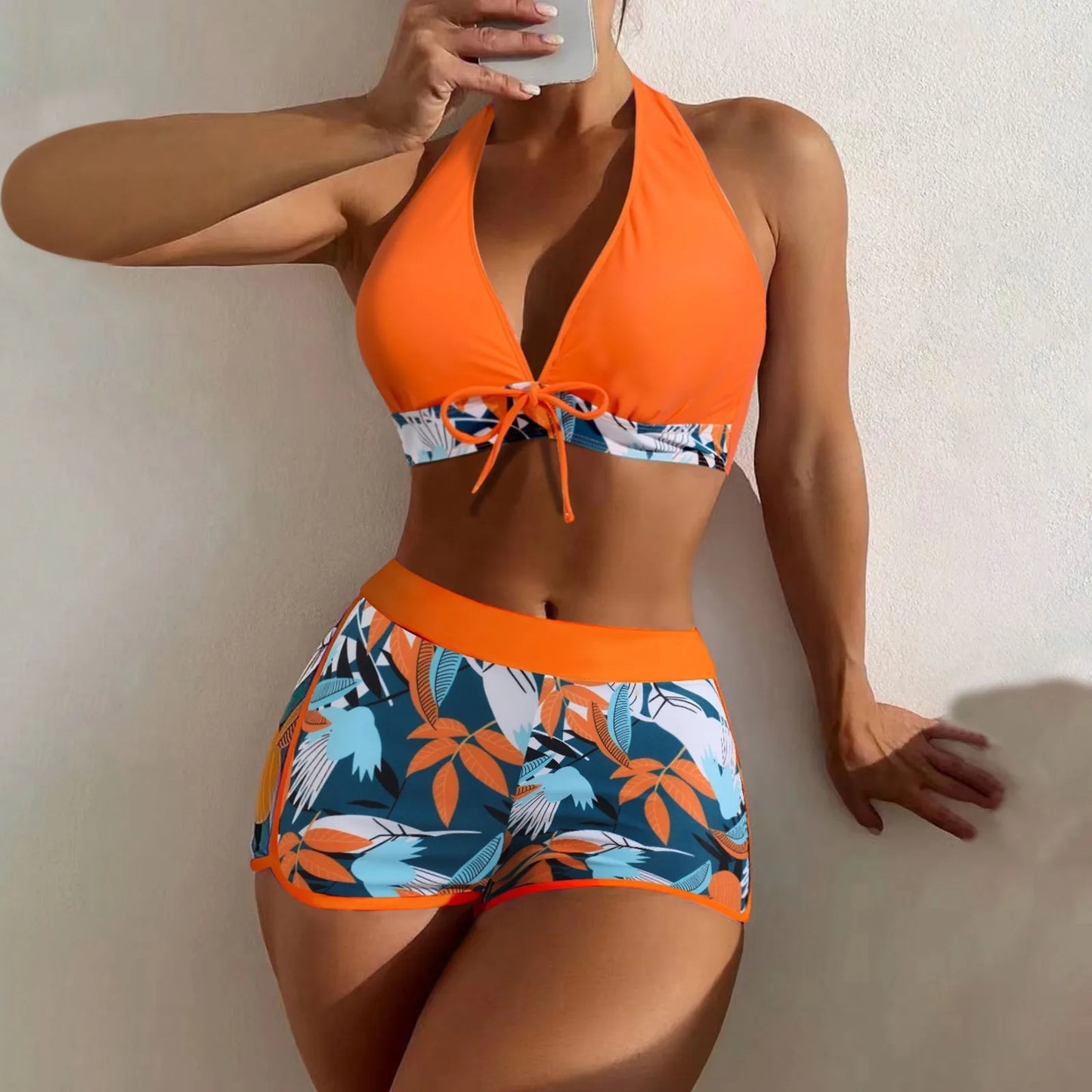 High Waist Plant Print Bikini Set Women Two Piece Swimsuit