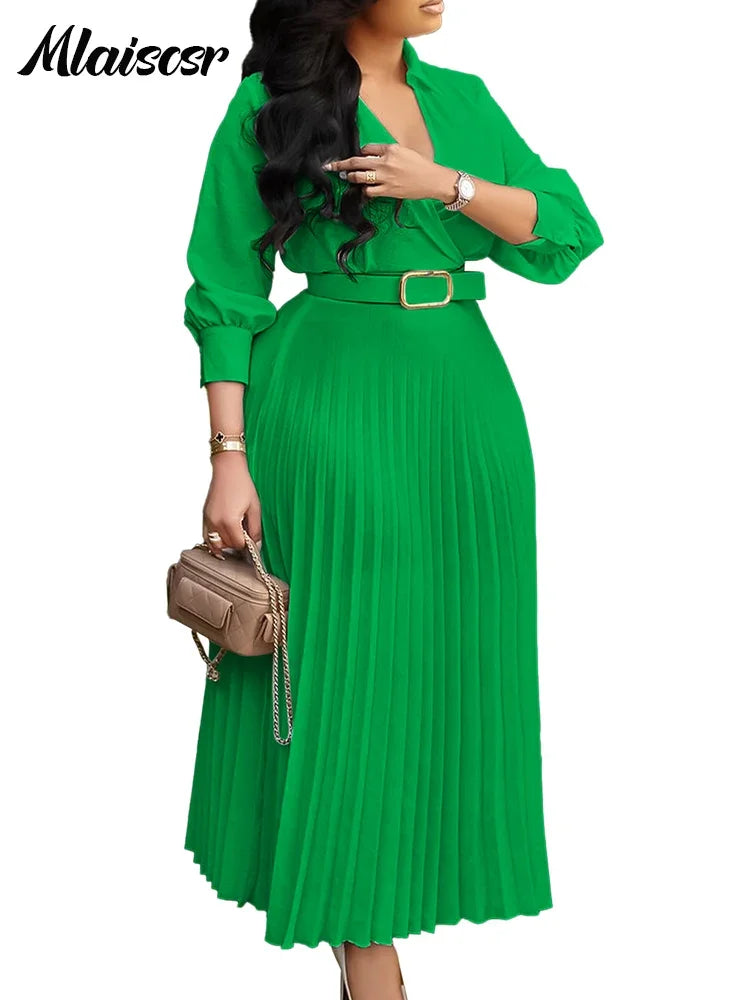 Mlaiscsr V Neck Long Sleeve A Line Pleated Dress Women