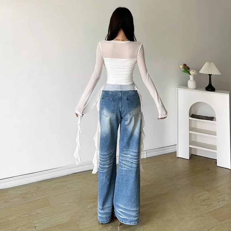 Ruffle Long Sleeve Women Crop Top Mesh Tee Korean Style