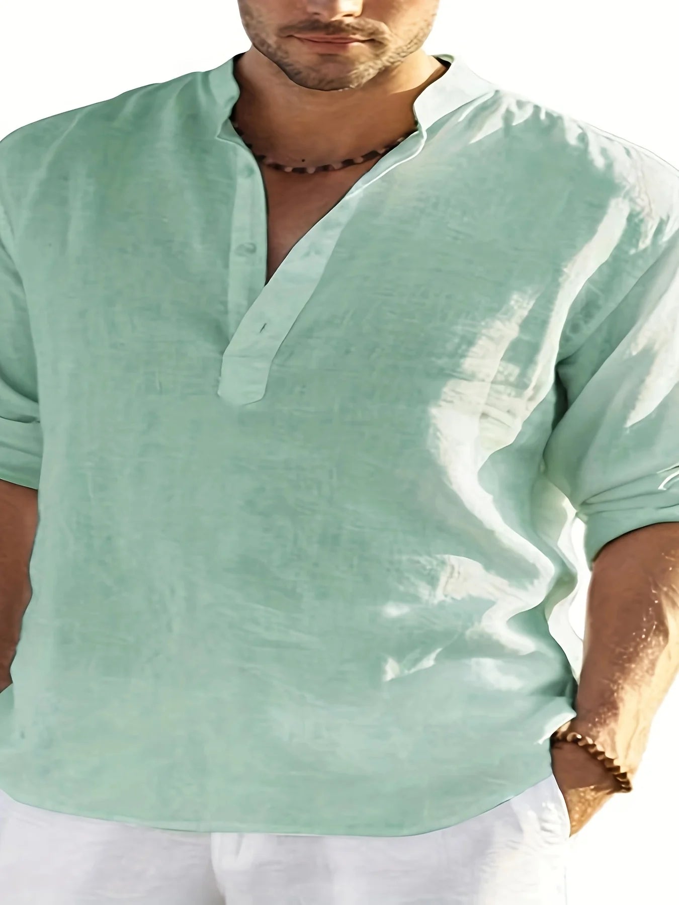 CN Zhejiang Cotton Linen Stand Collar Long Sleeve Shirt