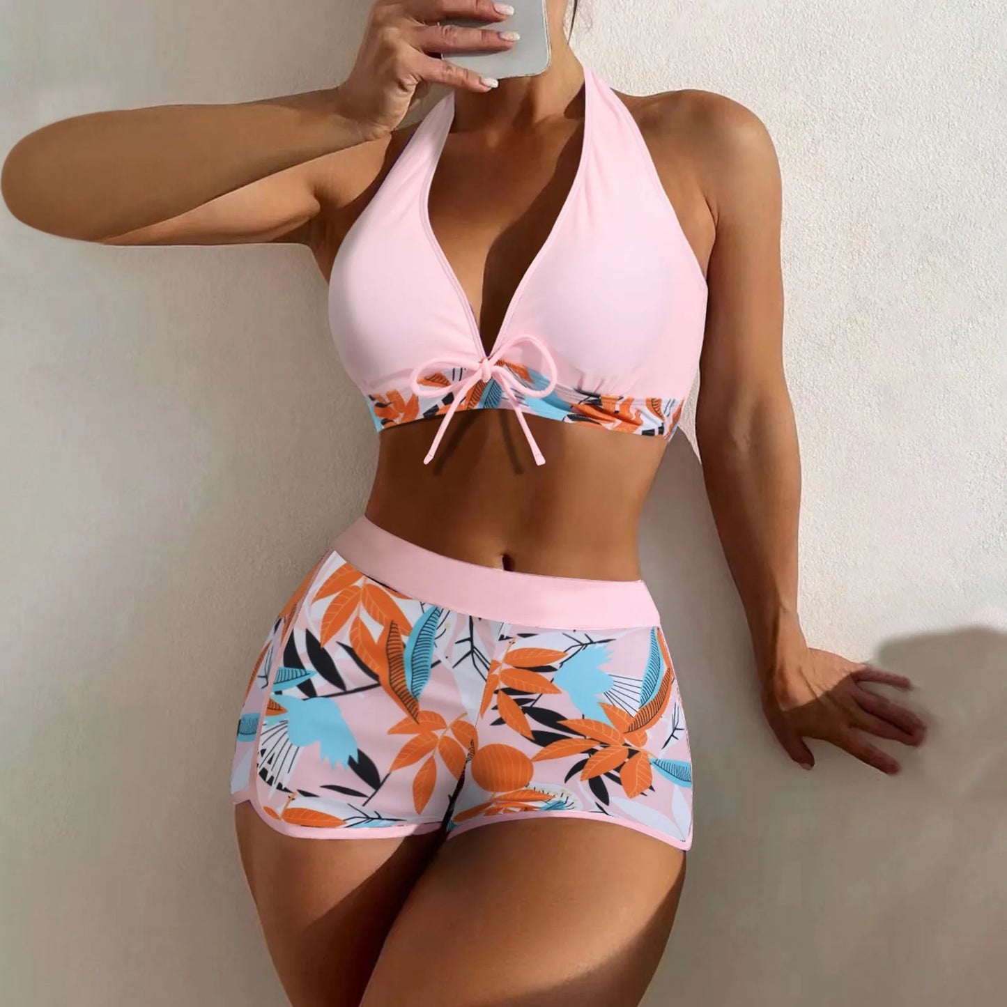 High Waist Plant Print Bikini Set Women Two Piece Swimsuit