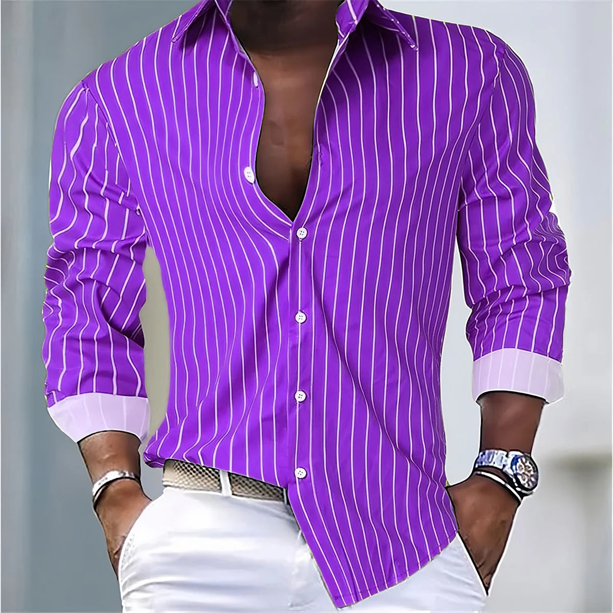Mens Striped Casual Shirt Polyester Spandex Long Sleeve