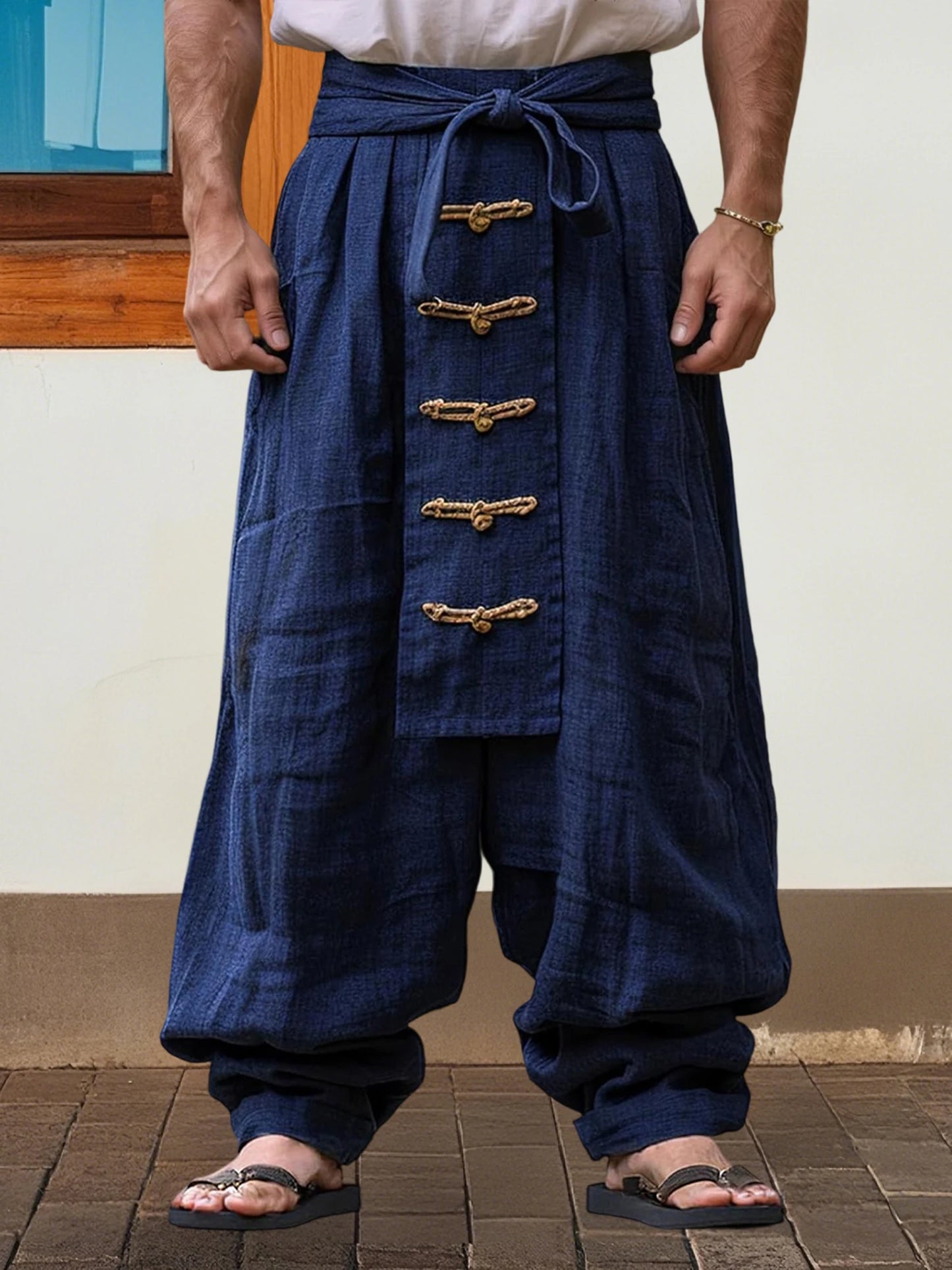 HiriginCN Mens Loose Fit Harem Trousers Knot Button Elastic