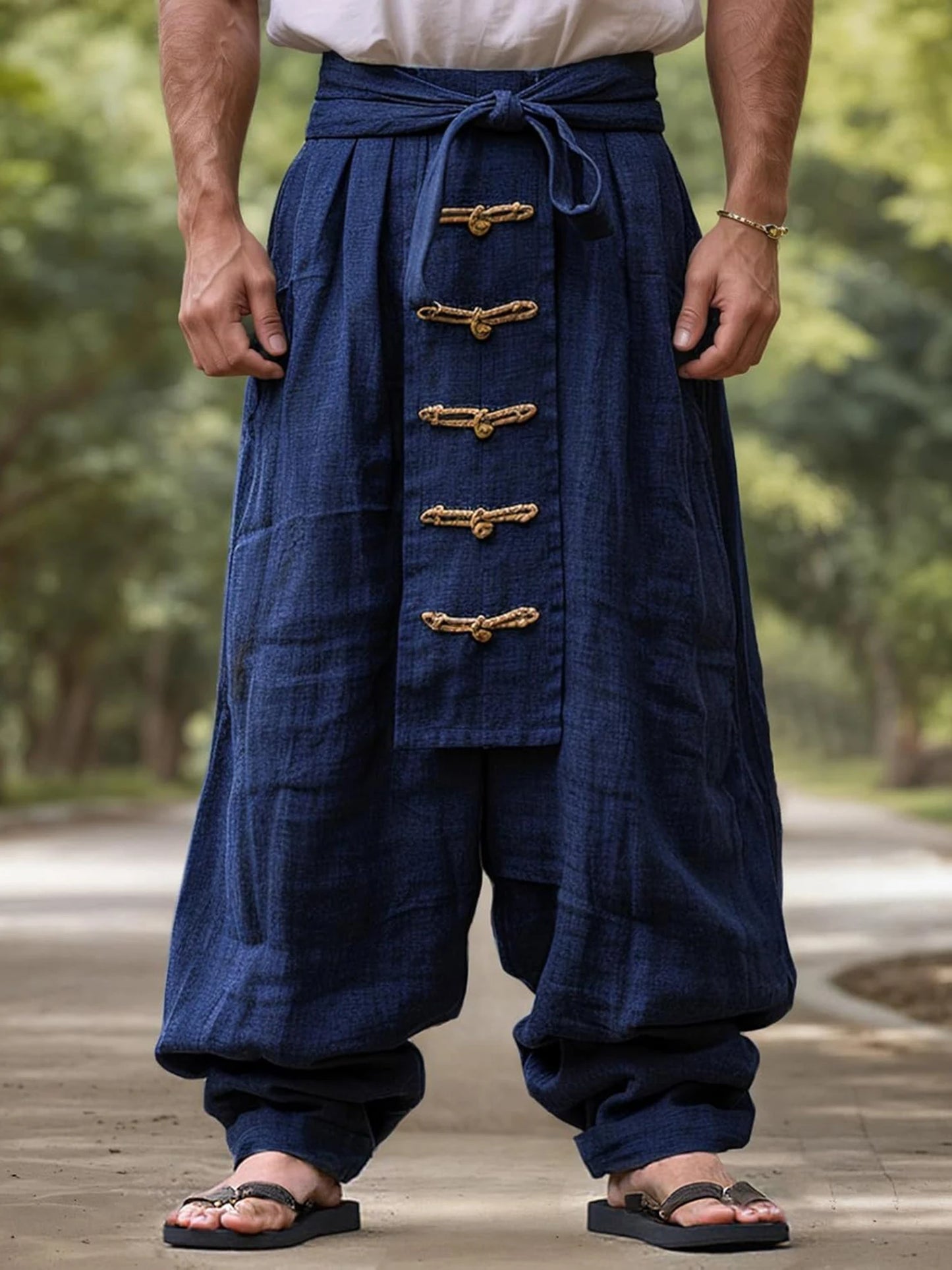 HiriginCN Mens Loose Fit Harem Trousers Knot Button Elastic