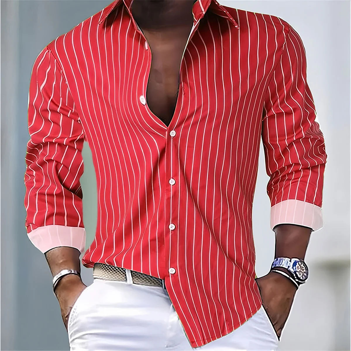 Mens Striped Casual Shirt Polyester Spandex Long Sleeve