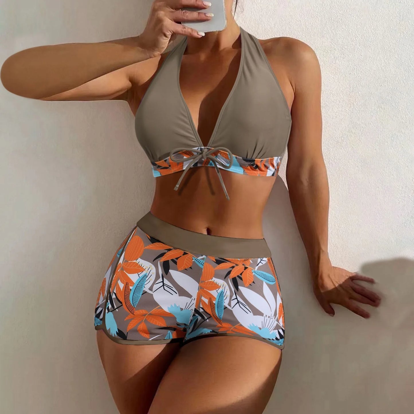 High Waist Plant Print Bikini Set Women Two Piece Swimsuit