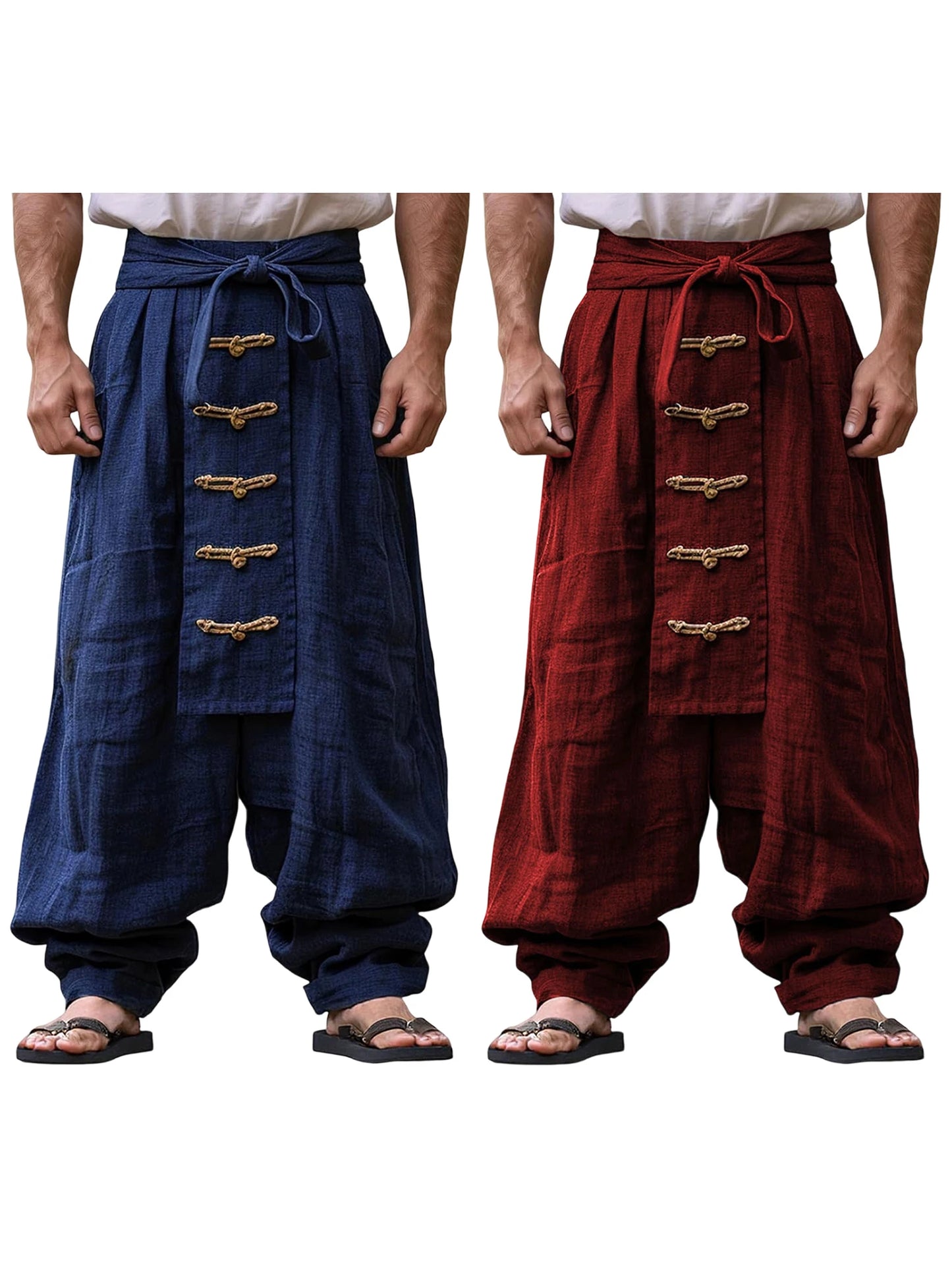 HiriginCN Mens Loose Fit Harem Trousers Knot Button Elastic