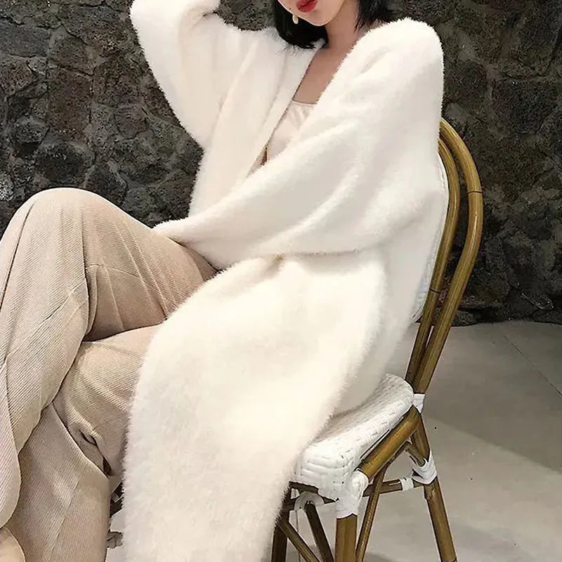 Fluffy Cashmere Long Cardigan for Women Korean Style Coat