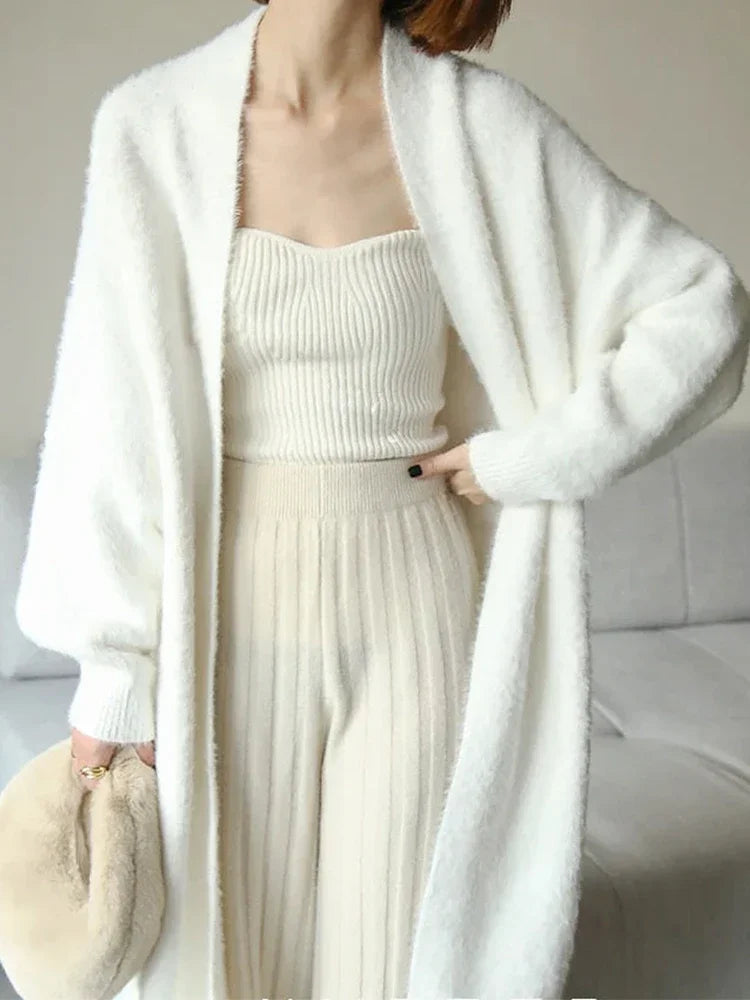 Fluffy Cashmere Long Cardigan for Women Korean Style Coat