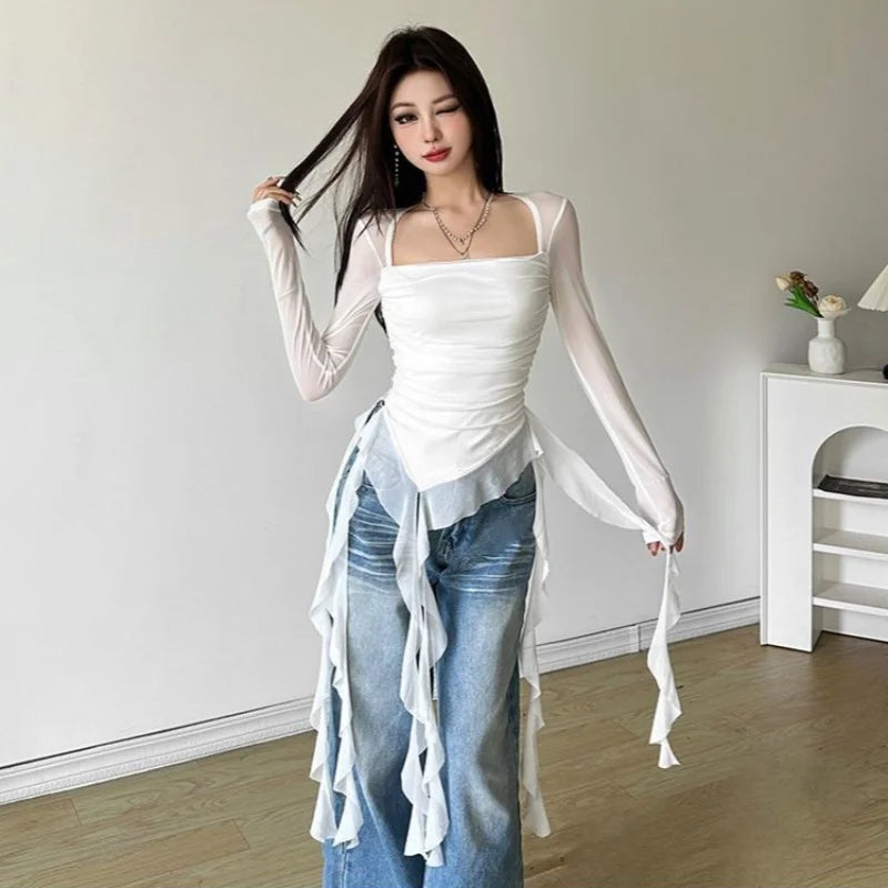 Ruffle Long Sleeve Women Crop Top Mesh Tee Korean Style