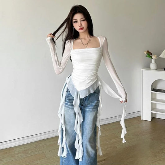 Ruffle Long Sleeve Women Crop Top Mesh Tee Korean Style