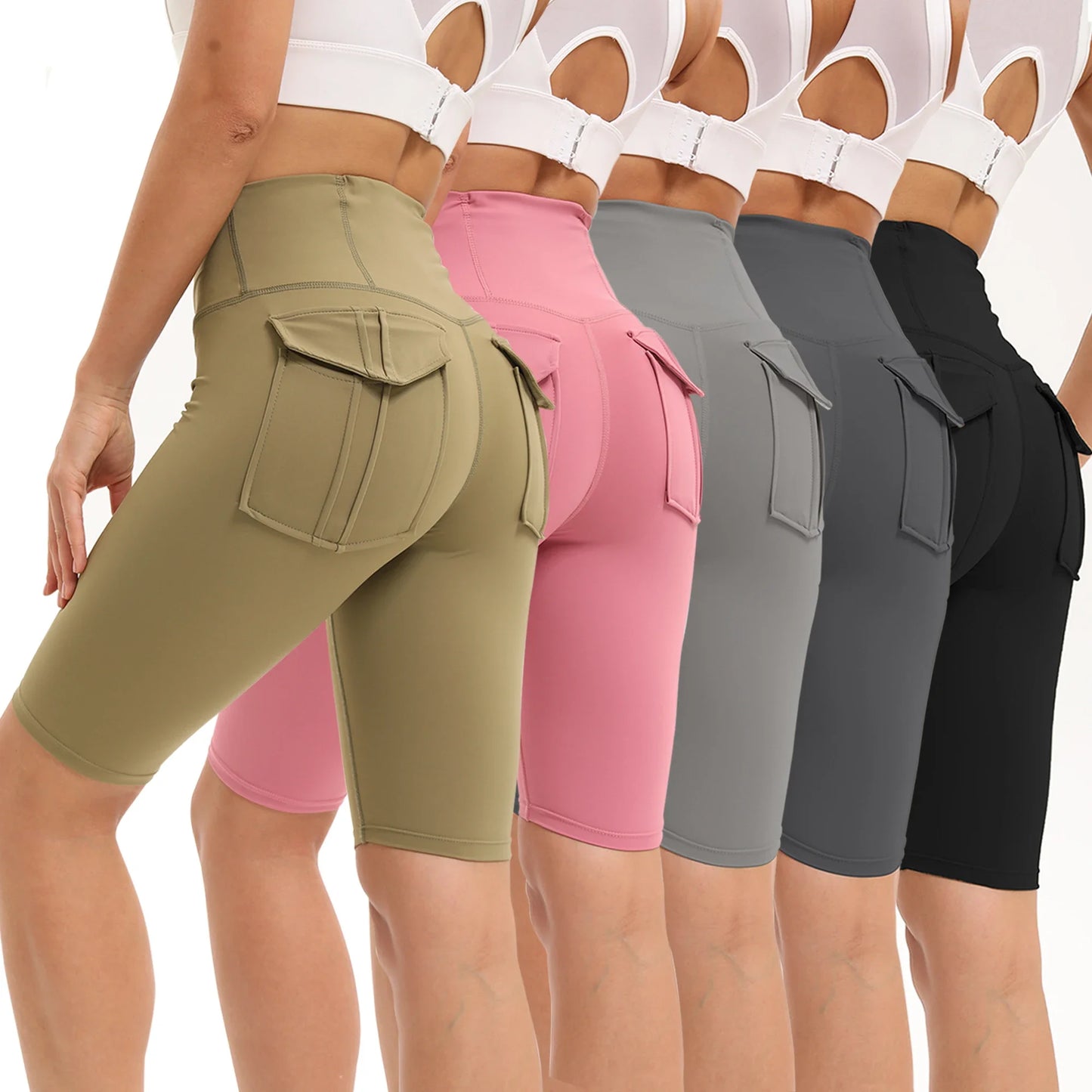 Three Pack Women's High Waisted Gym Shorts With Pockets