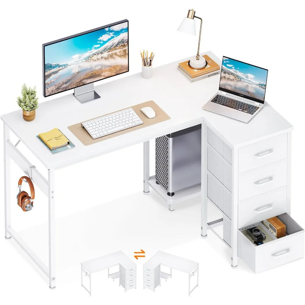 Color L Shaped Desk With 4 Drawers CPU Stand Hook Mount