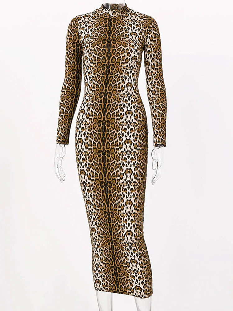 Leopard Print Long Sleeve Bodycon Dress For Women Party