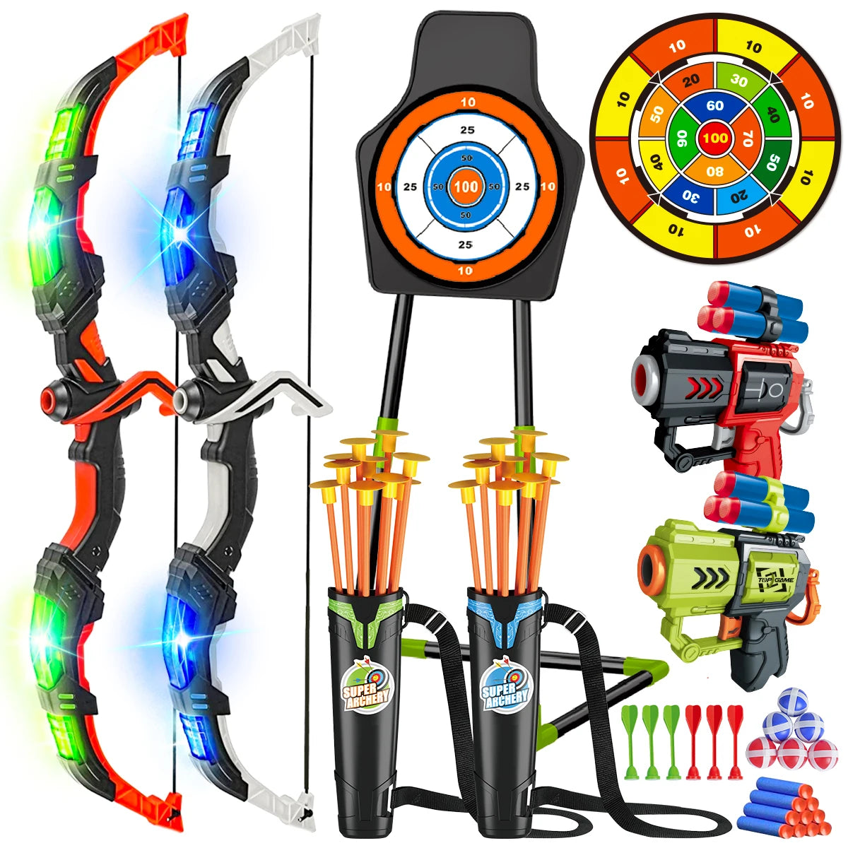 VATOS 2X Bow Arrow And Guns Toy LED Light Up Archery Set