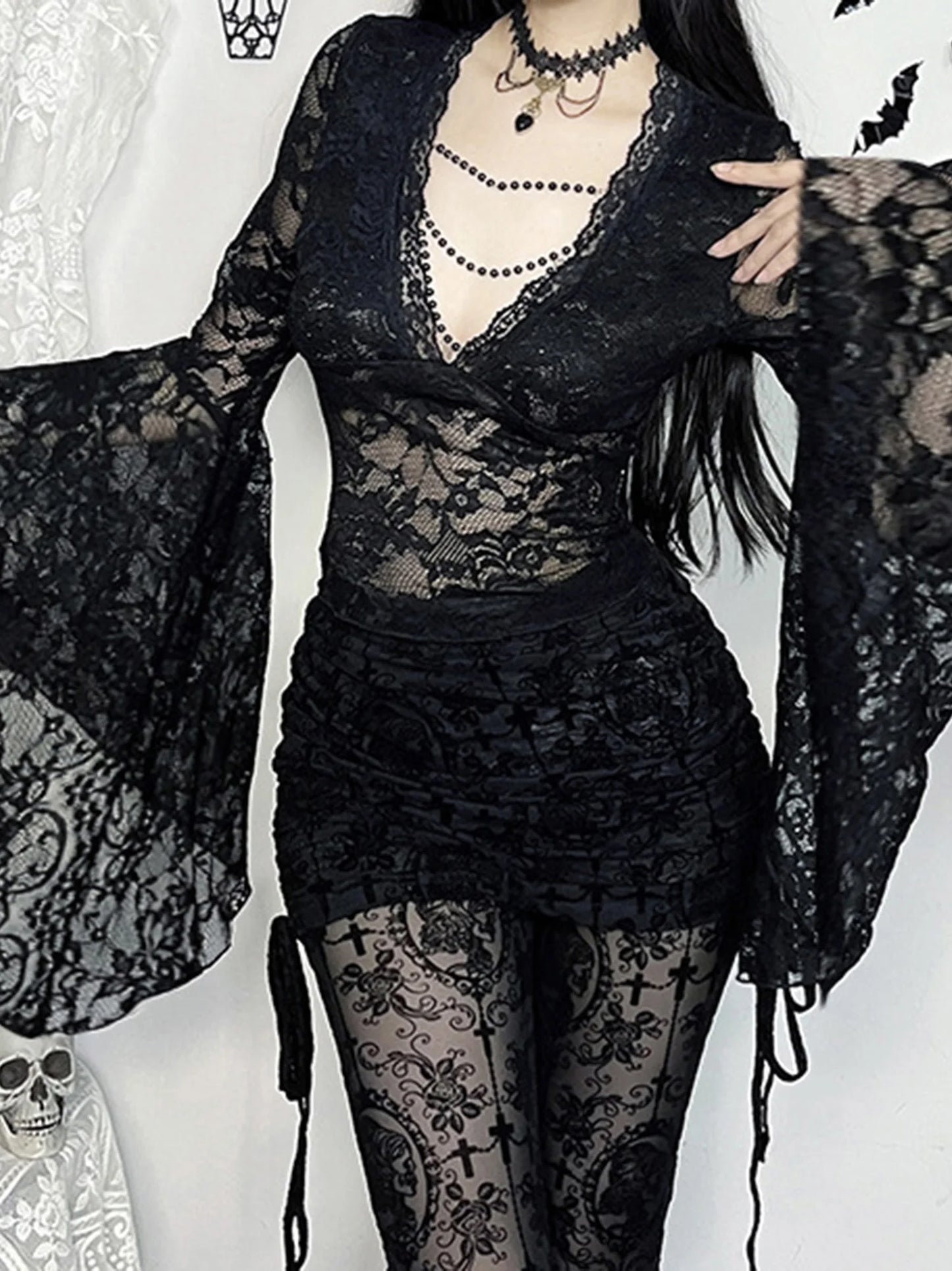 XBTCLXEBCOCN Gothic Lace Off Shoulder Top Deep V Neck