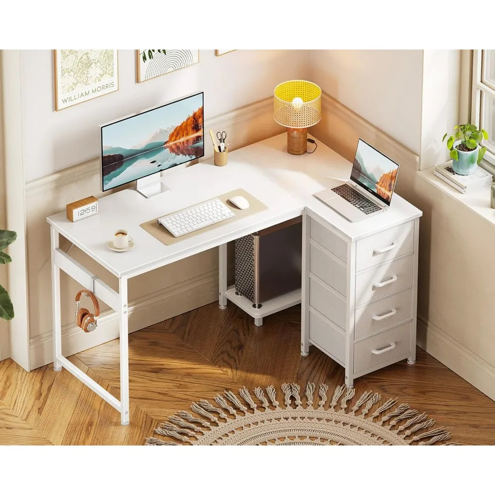 Color L Shaped Desk With 4 Drawers CPU Stand Hook Mount