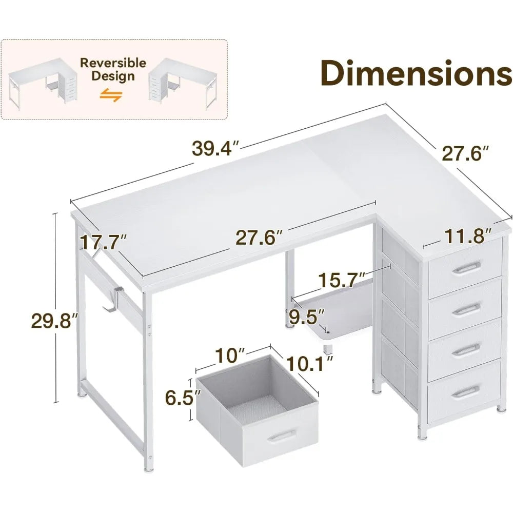 Color L Shaped Desk With 4 Drawers CPU Stand Hook Mount