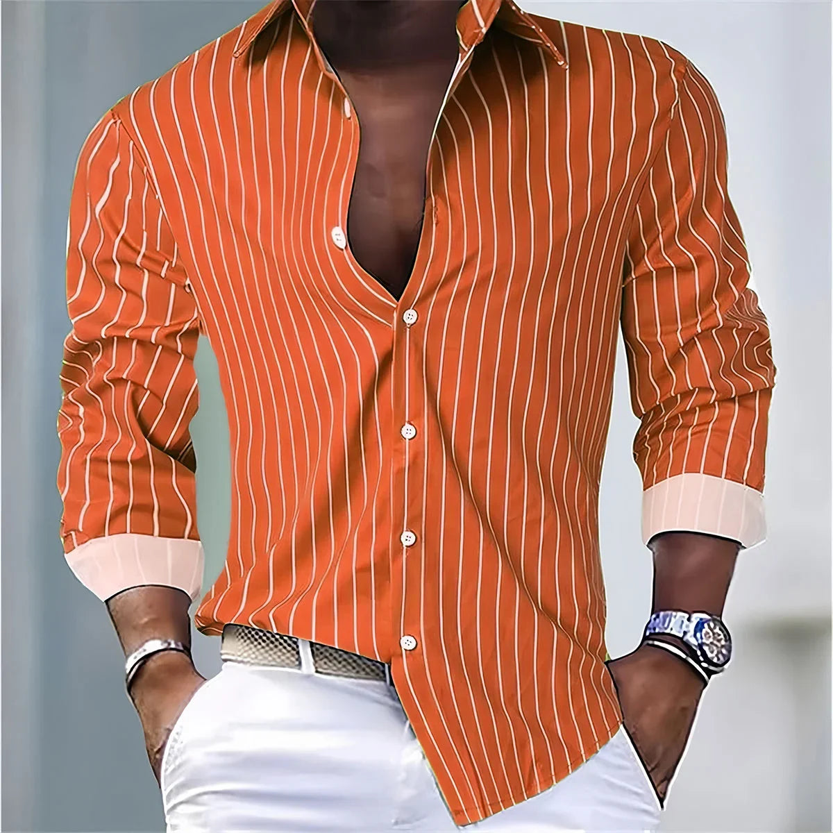 Mens Striped Casual Shirt Polyester Spandex Long Sleeve