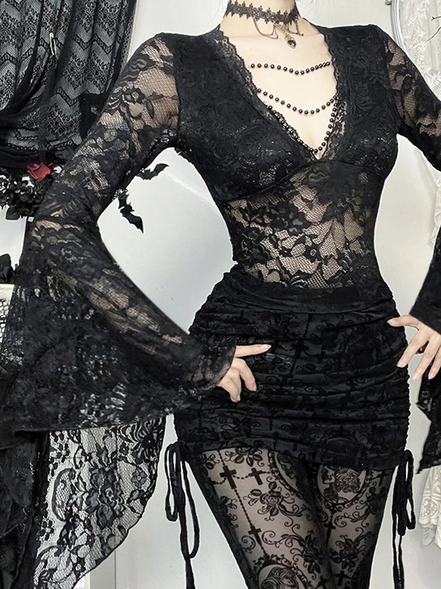 XBTCLXEBCOCN Gothic Lace Off Shoulder Top Deep V Neck