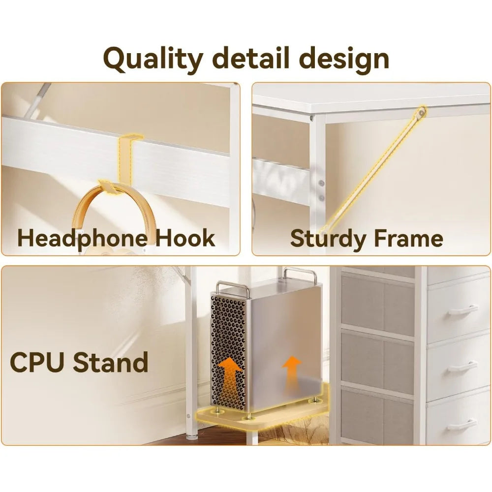 Color L Shaped Desk With 4 Drawers CPU Stand Hook Mount