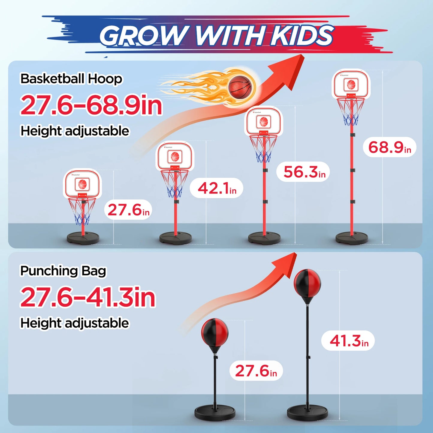 2 In 1 Kids Basketball Hoop And Punching Bag Adjustable