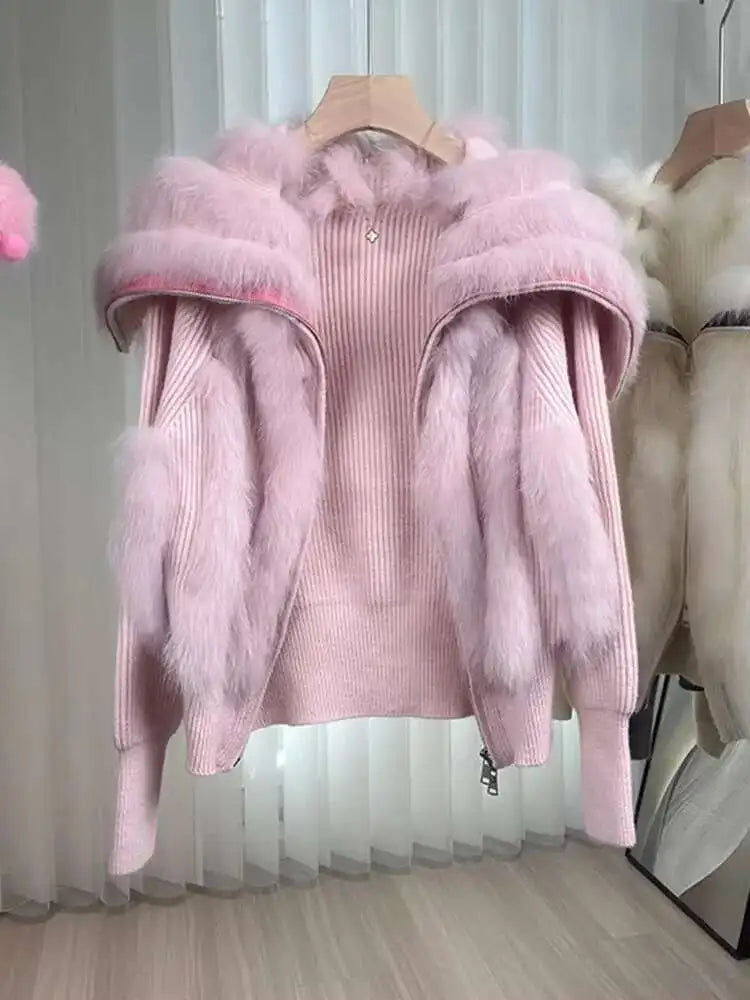 Fox Fur Coat Short Zipper Patchwork Plush Womens Outerwear