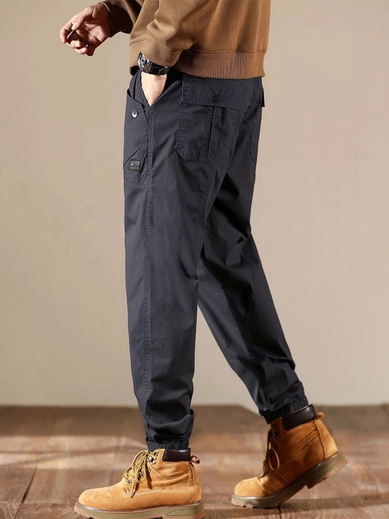 Mens Loose Fit Ankle Length Work Pants With Elastic Waist