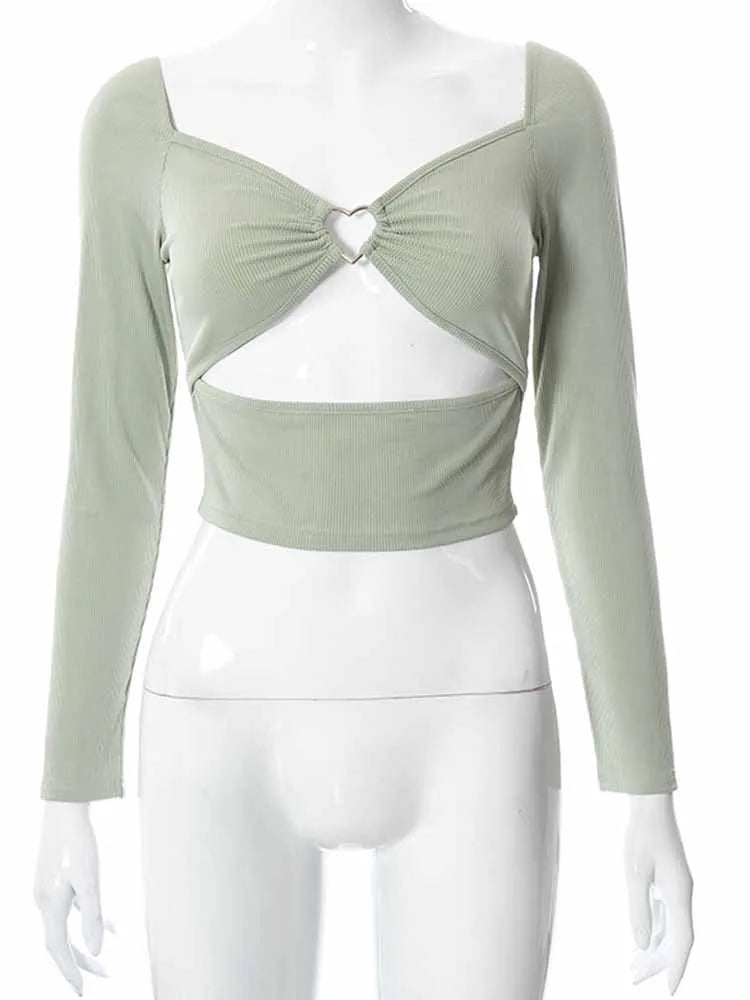 Hollow Out V Neck Long Sleeve Crop Top Casual Fashion