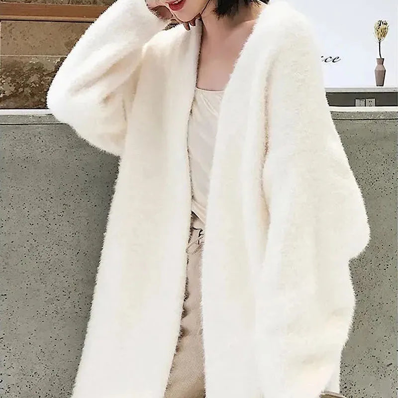 Fluffy Cashmere Long Cardigan for Women Korean Style Coat