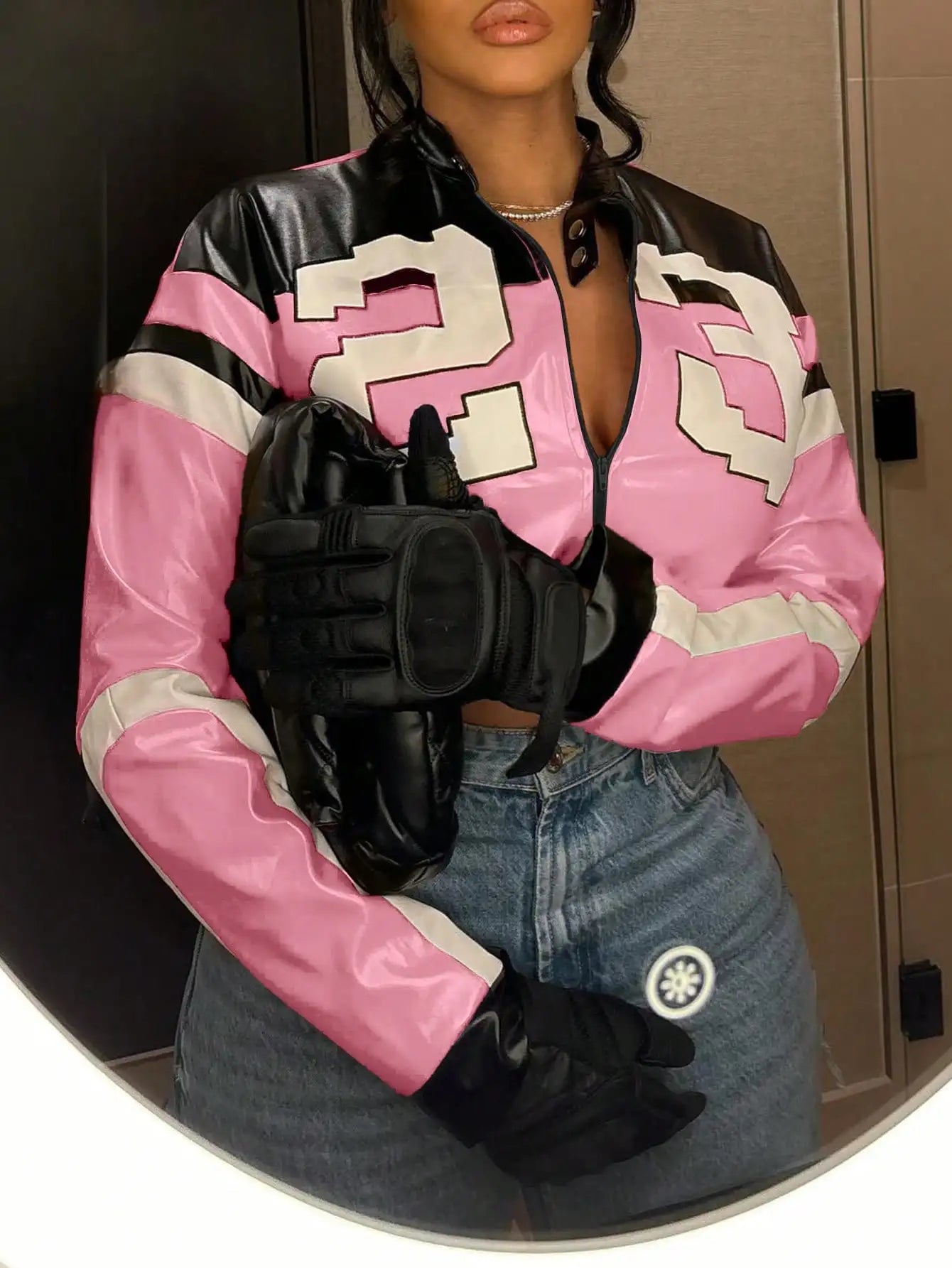 Womens Faux Leather Zip Bomber Jacket Retro Moto Style