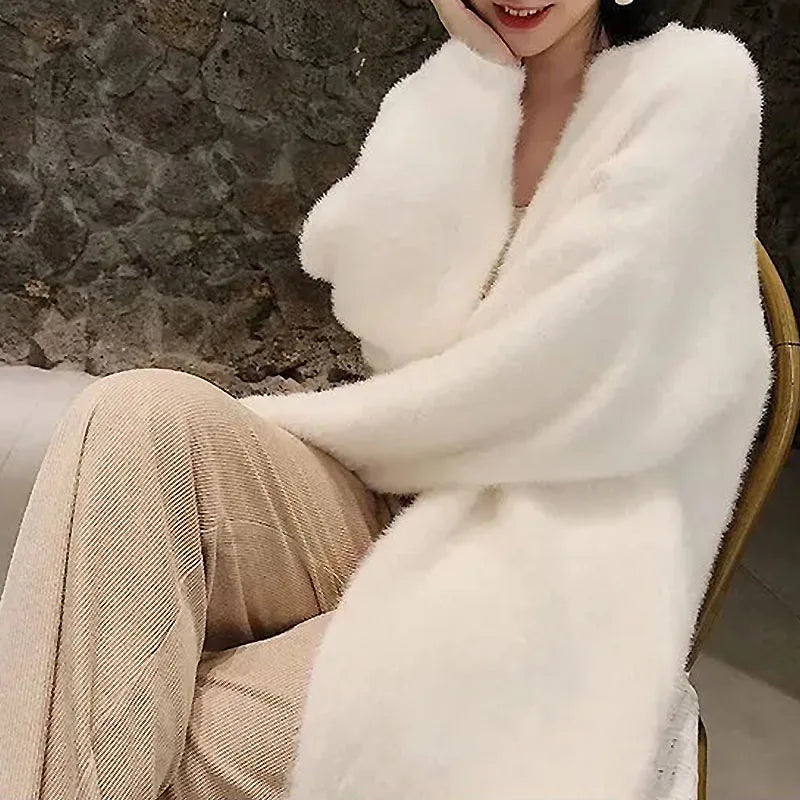 Fluffy Cashmere Long Cardigan for Women Korean Style Coat