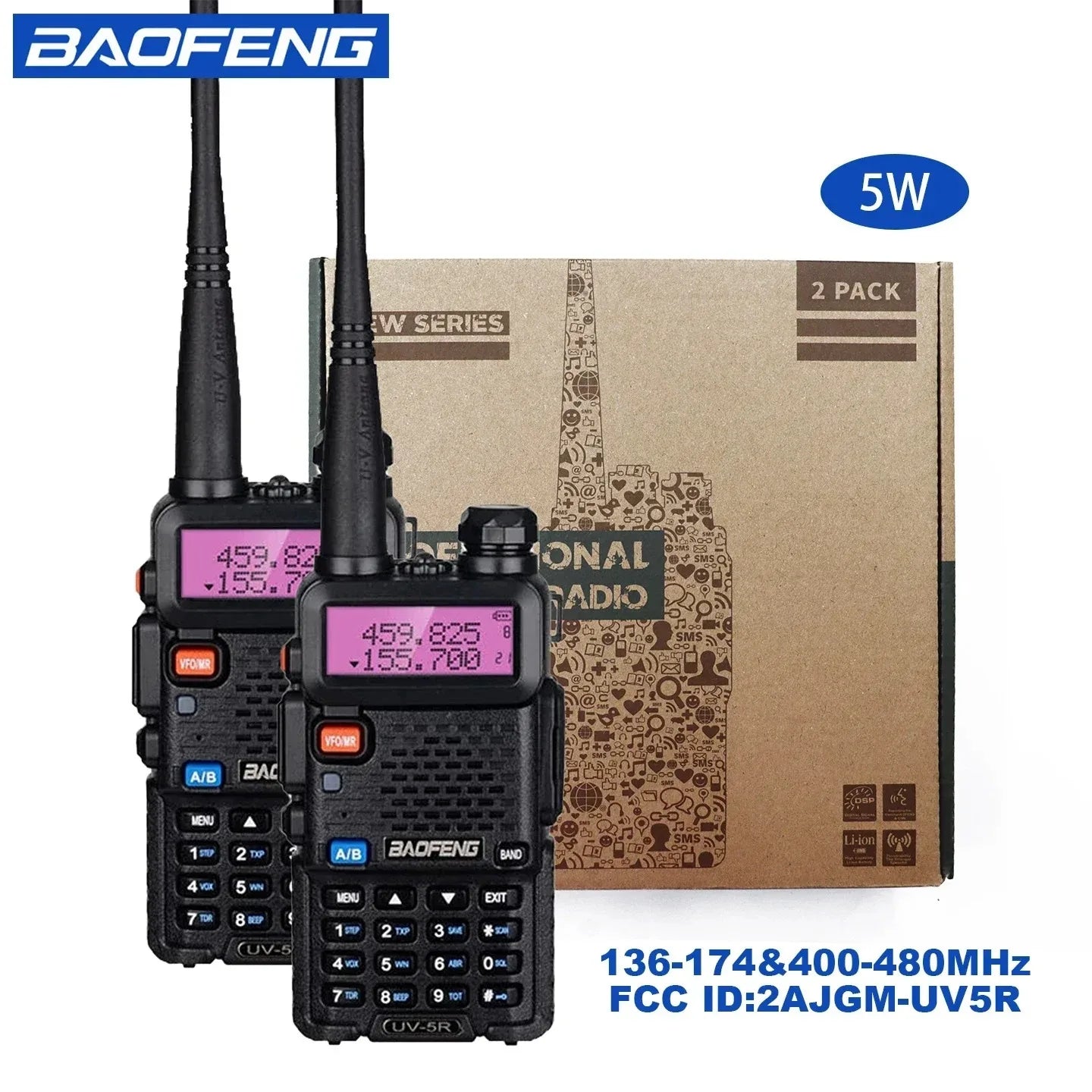 BAOFENG UV5R Dual Band Two Way Radio 5W 2 Pack Portable