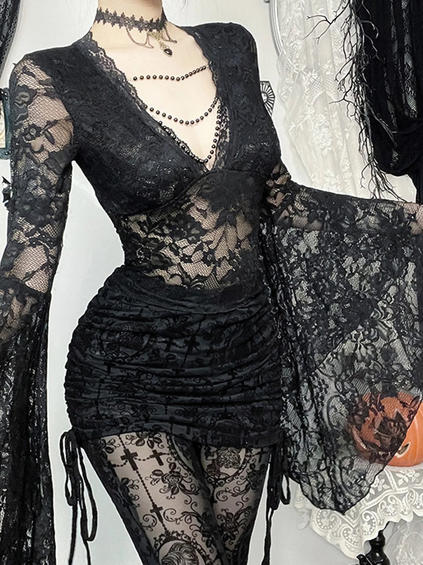 XBTCLXEBCOCN Gothic Lace Off Shoulder Top Deep V Neck