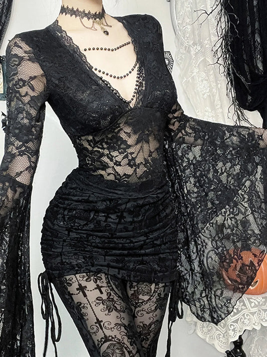 XBTCLXEBCOCN Gothic Lace Off Shoulder Top Deep V Neck