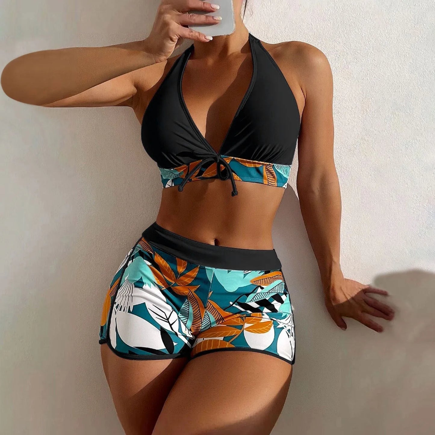 High Waist Plant Print Bikini Set Women Two Piece Swimsuit